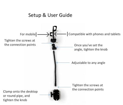 Universal Phone and Tablet Holder Mount with Flexible Gooseneck, 360° Rotation, for Mic Stands, Wheelchairs, Bikes, Treadmills, Applicable Device Width ranges 2.4"–7"
