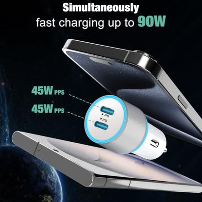 90W Car Charger USB C Fast Charge for iPhone 18 Pro Max/Duo/17/16/Android