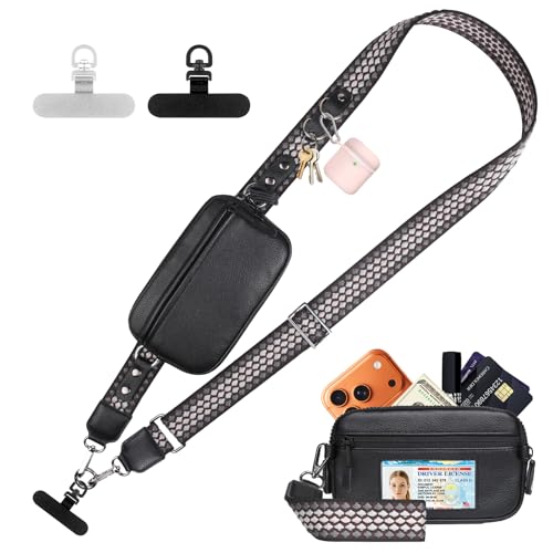 YFWE Clip and Go Phone Strap with Crossbody Wallet, Adjustable Phone Lanyard with Detachable RFID Wristlet Wallet, Anti-Theft Leather Purse with ID Window for Travel Essentials (Black) - color: Black