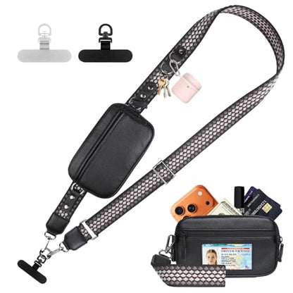 YFWE Clip and Go Phone Strap with Crossbody Wallet, Adjustable Phone Lanyard with Detachable RFID Wristlet Wallet, Anti-Theft Leather Purse with ID Window for Travel Essentials (Black) - color: Black