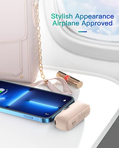 Kuulaa Portable Charger for iPhone 14/13/12/11 Mini 5000mAh Built-in Lightning Plug Power Bank with LED Display, Fast Charging USB-C Input, Compact Travel Battery Pack, Pink - color: Pink
