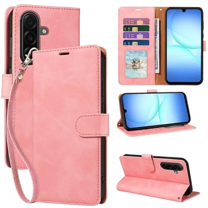 Wallet Case for Samsung Galaxy A17, RFID Blocking (Pink) | 4 card slots with ID window, cash pocket, wrist strap, stand function, magnetic closure, flip PU leather, TPU inner shell - color: Pink