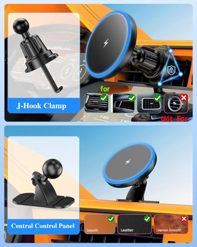 Mag Safe Car Mount Charger, 3 in 1 [LED RGB HandsFree] Wireless Car Charger