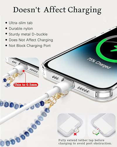 Marble Beaded Phone Wrist Strap for Women, Detachable Design - color: Blue Ink