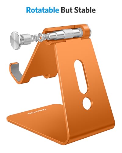 OMOTON Adjustable Cell Phone Stand, Aluminum Desktop Cellphone Stand with Anti-Slip Base and Convenient Charging Port, Fits All Smart Phones, Orange - color: Orange
