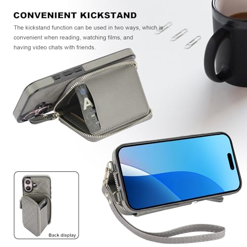 Bocasal Crossbody Wallet Case Card Holder for iPhone 16, Grey | RFID Blocking PU Leather Zipper Handbag Purse, Kickstand Flip Folio Case with Card Slots Holder Wrist Strap Lanyard 6.1 Inch - color: Gray