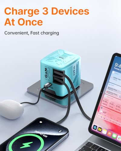 W & O 60W Gan Fast Charger Wall Plug, Built-in Retractable USB-C & L Cables - color: Blue