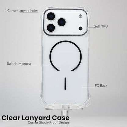 Magnetic for iPhone 17 Pro Crossbody Phone Case,Clear/Black,Clear Magnetic Soft Frame PC Back Shockproof Protective Phone Cover with Adjustable Detachable Lanyard,Compatible with MagSafe - color: Clear/Black, size: iPhone 17 Pro