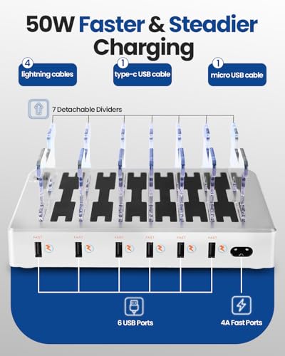 6-Port USB Charging Station with 6 Included Cables, Fast Charging Hub for iPhone Android Cell Phone, Tablet, Smartwatch - Multi Port Desktop Organizer (Silver)