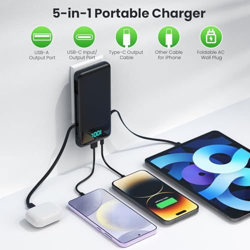 Portable Charger with Built-in AC Plug and Cables,13800mAh All in One USB C Fast Charging Power Bank,Travel Essentials Portable Phone Charger Battery Pack for iPhone 18/17/16/15/14/13,Galaxy,Android - color: Black