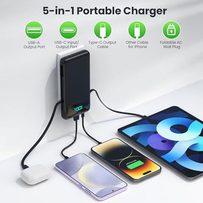 Portable Charger with Built-in AC Plug and Cables,13800mAh All in One USB C Fast Charging Power Bank,Travel Essentials Portable Phone Charger Battery Pack for iPhone 18/17/16/15/14/13,Galaxy,Android - color: Black