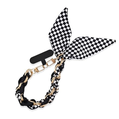Phone Wrist Strap with Gold Metal Scarf and Universal Tether Tab, Aesthetic Print Design Ribbon Chain, Multi-Purpose Accessories for Bag Key Cellphone for Men Women Girls-Black Checkerboard - color: Black Checkerboard