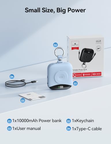 Portable Charger 10000mAh 22.5W Power Bank Built-in 2 Cables Keychain | Charge 5 Devices, TSA approved, Travel Fast Charging Battery Pack for iPhone Samsung Google Android & iWatch Charger, Blue - color: Blue