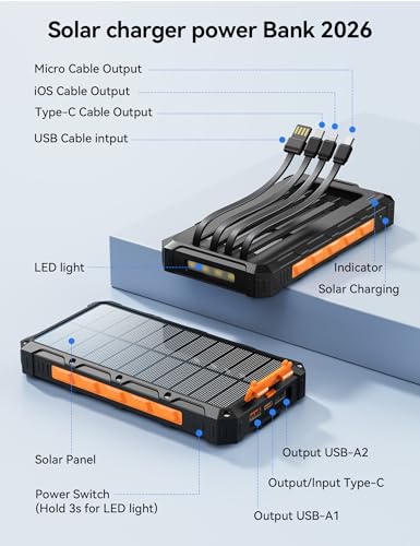 Solar Charger Portable Power Bank 20000mah External Battery Pack for iphone - color: Orange-Black
