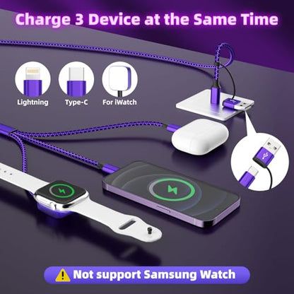 Travel Essentials 3in2 Multi Charging Cable for Apple Watch Charger,2PC 5FT - color: Dark Purple, size: AC to C+L+iWatch