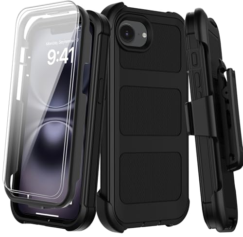 for iPhone 16e Case with Belt Clip Holster,iPhone 17e Case w/Screen Protector X2,Heavy Duty Shockproof Drop Protection Military Grade 2-Layers Rugged Durable Phone Cover for Apple 16e 17e (Black) - color: w-Black