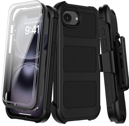 for iPhone 16e Case with Belt Clip Holster,iPhone 17e Case w/Screen Protector X2,Heavy Duty Shockproof Drop Protection Military Grade 2-Layers Rugged Durable Phone Cover for Apple 16e 17e (Black) - color: w-Black