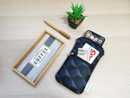 Tainada 2-Zip Phone Case Bag w/Belt Loop, Neck Strap (Black Gray Geometric) | For Men/Women; Water-resistant neoprene pouch, shockproof, lightweight, w/carabiner; Compatible with most of smartphones - color: Black Gray Circle Pattern