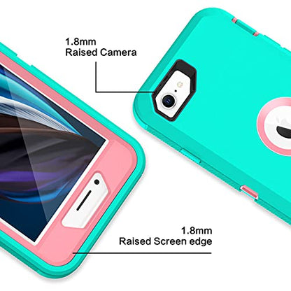 MXX Case Designed for iPhone SE Case 2020 /SE 2022 Heavy Duty Protective with Screen Protector [3 Layers] Rugged Rubber Protection Cover & Rotating 360 Degree Belt Clip SE 3rd/2nd Gen(Teal/Light Pink) - color: Teal/Light Pink