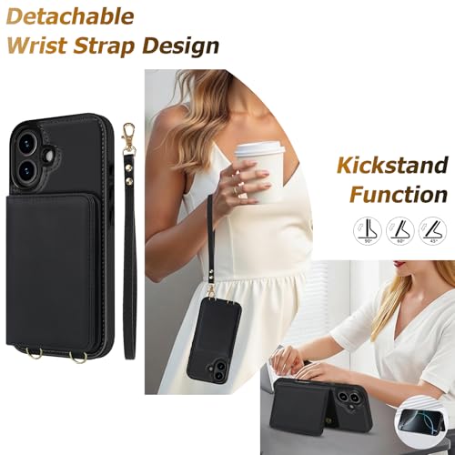 LOHASIC iPhone 17 Case Wallet for Women, Detachable & Adjustable Crossbody Strap with Wrist Strap, 4 Card Slots & 2 Cash Slots, RFID Blocking Phone Case Wallet Built-in Kickstand, Black - color: Black, size: iPhone 17