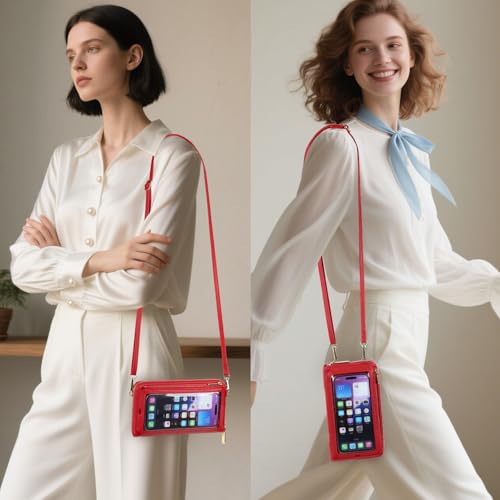GOIACII Phone Purse Crossbody Bags for Women Small Travel Wallet Touch Screen RFID Blocking - color: A08 Bright Red