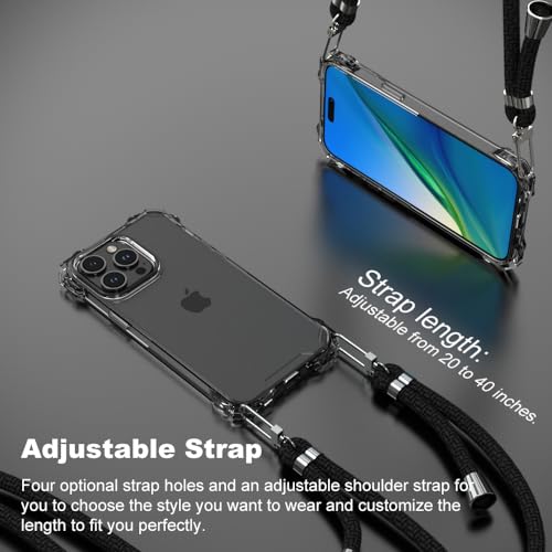 for iPhone 15 Pro Max Crystal Clear Case with Detachable Adjustable Crossbody Strap, Slim Fit Shockproof Protective Phone Case with Anti-Lost Shoulder Neck Lanyard - size: iPhone 15 Pro Max