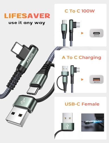 AINOPE 10 FT USB C Cable Fast Charging, 240W USB-C Charge Cable with Adapter, Fast Charger USB C Cable Supports 100W, Right Angle USB C Fit MacBook Pro/Air, iPad Pro/Air, iPhone 17/16/15, 10FT Grey - color: Grey, size: 10FT