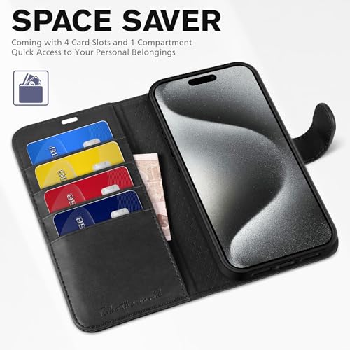 TUCCH Wallet Case for iPhone 15 Pro (6.1") 2023, 4 Card Holders, Black | RFID Blocking, Viewing Stand, Shockproof TPU Shell, PU Leather, Magnetic Closure, Protective Folio Flip Cover - color: Black