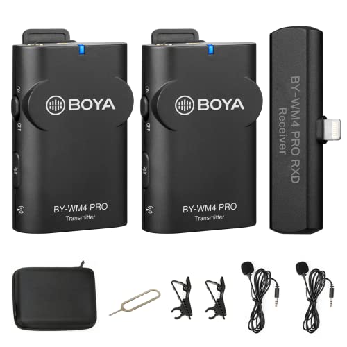 BOYA 2.4GHz Wireless Lavalier Lapel Microphone System for iPhone/iPad Dual Clip On Cordless Lav Mic for Vlog Video Recording YouTube with Lightning Connector Receiver and Transmitter BY-WM4 PRO-K4