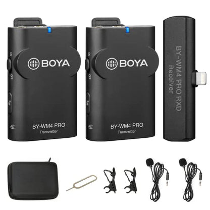 BOYA 2.4GHz Wireless Lavalier Lapel Microphone System for iPhone/iPad Dual Clip On Cordless Lav Mic for Vlog Video Recording YouTube with Lightning Connector Receiver and Transmitter BY-WM4 PRO-K4