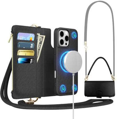 for iPhone 16 Pro 2-in-1 Magnetic Crossbody Wallet Case + Wrist Strap | Wireless Charging After Wallet Removal, Detachable Crossbody/Wrist Straps, Landscape Stand, Card Holder and Zipper Pocket - color: Black, size: iPhone 16 Pro