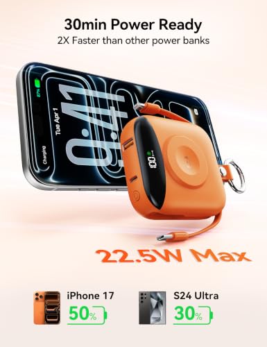 Portable Charger 10000mAh 22.5W Power Bank Built-in 2 Cables Keychain - color: Orange