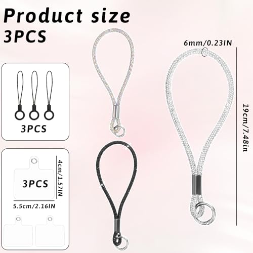 3 Pcs Bling Rhinestone Phone Wrist Strap Full Diamond Pendant Wrist Strap Bling Keychain Wristlet Lanyard for Women Phone Charms Case Straps with Tether Tab and Pad (Silver, Black, AB Color 7.48 In)