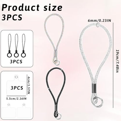 3 Pcs Bling Rhinestone Phone Wrist Strap Full Diamond Pendant Wrist Strap Bling Keychain Wristlet Lanyard for Women Phone Charms Case Straps with Tether Tab and Pad (Silver, Black, AB Color 7.48 In)