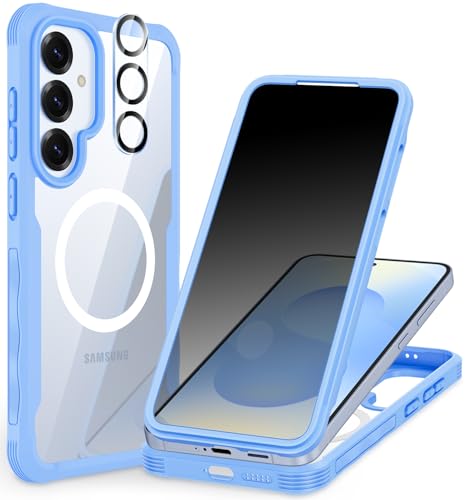 CENHUFO Magnetic Privacy for Samsung Galaxy S25 Case, Full Body Phone Case with Built-in 9H Tempered Glass Privacy Screen Protector and Camera Lens Cover, Shockproof Protective Bumper - Light Blue - color: Light Blue, size: S25