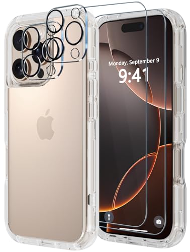 Diverbox for iPhone 16 Pro Max Case [Shockproof] [Dropproof] [Tempered Glass Screen Protector + Camera Protectors] Heavy Duty Protection Phone Case Cover for Apple iPhone 16 Pro Max (Clear) - color: Clear, size: For iphone 16 Pro Max