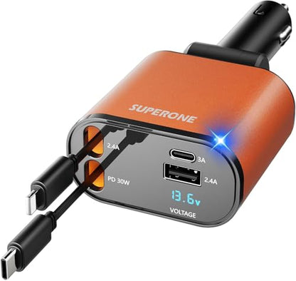 [Upgraded] SUPERONE Retractable Car Charger 4 in 1 Fast Car Phone Charger - color: Orange