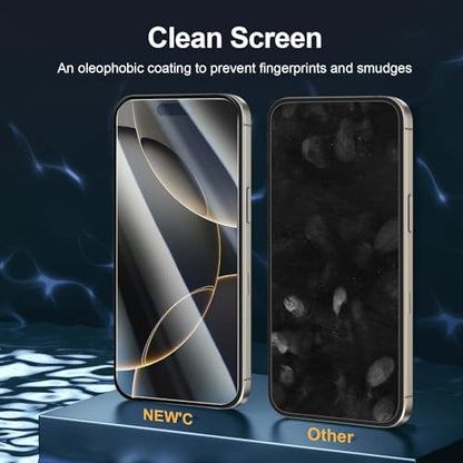 NEW'C 2 Pack for iPhone 16 Pro Screen Protector (6.3 inches) + 2 Pack Camera Lens Protector, Sensor Protection, Case Friendly Tempered Glass Film - Easy installation tool included - size: 16 Pro 6.3 inches