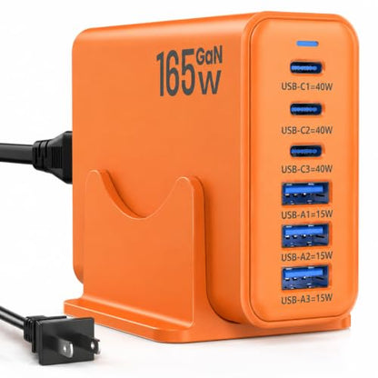 165W GaN Charging Station, 6-Port Desk Charging Station, Orange - color: Orange