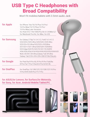 USB C Earbuds with Microphone Cute in Ear Wired Headphone - color: Grey Pink