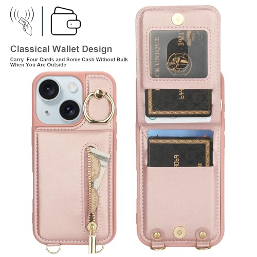Crossbody Wallet Case for iPhone 11, with Card Slots Zipper Pocket Case, Flip Folio Purse RFID Blocking with Ring Kickstand Detachable Strap-Pink - color: Pink, size: iPhone 11(6.1")