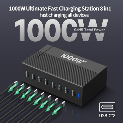 1000W 8-Port GaN5 Desktop Charging Station, High-Power USB Charging Hub with 5X 140W and 3X 100W PD Ports, Fast Charger for Laptops, Tablets, and Smartphones - size: 1000WGaN5