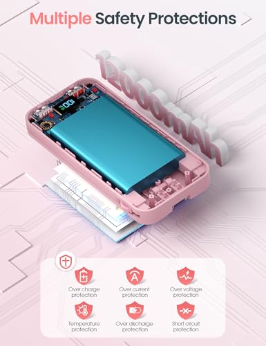 aonidi Portable Charger 12000mAh with Built-in Cables&AC Wall Plug, Pink - color: Pink