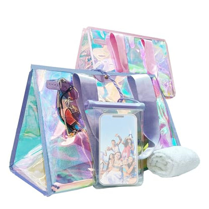 GolfFox Iridescent Beach Bag, 2Pack Jelly Beach Tote Bag with Phone Pouch | Large Beach Bag Waterproof Sandproof, Snap & Zipper Beach Tote ,Pink & Purple Clear Pool Swim Bag for Women, Beach Essentials - color: Purple & Pink Iridescent