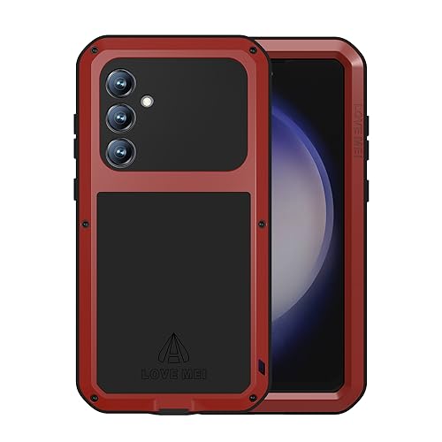 LOVE MEI Military Rugged Case for Samsung Galaxy S23 Fe, with Tempered Glass Screen Protector, Shockproof Dustproof Scratch Proof Hybrid Metal and Silicone Gel Heavy Duty Full Body Cover (Red) - color: Red