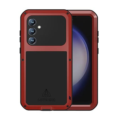 LOVE MEI Military Rugged Case for Samsung Galaxy S23 Fe, with Tempered Glass Screen Protector, Shockproof Dustproof Scratch Proof Hybrid Metal and Silicone Gel Heavy Duty Full Body Cover (Red) - color: Red