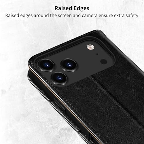 Belemay Leather Wallet Case Compatible with iPhone 17 Pro Max, Premium Cowhide Leather Two-Tone Effect, RFID Blocking Card Holders, Shockproof TPU Shell, Kickstand, Protective Flip Cover, 6.9", Black - color: Black, size: iPhone 17 Pro Max