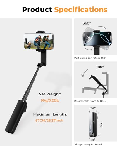 Selfie Stick with Wireless Remote – Portable Selfie Stick for iPhone & Android, Lightweight Foldable Travel Phone Holder for Cell Phone, for Photograph, Video Recording, Streaming