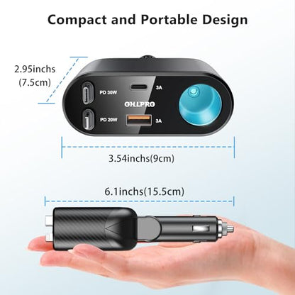 OHLPRO Retractable Car Charger Cigarette Lighter Adapter, 168W 5 in 1 Fast Phone Charging Built-in Replaceable Fuse, Socket Splitter with USB C and USB i Cord, Fit for Phone iPad Galaxy GPS, Black - size: USB-C+USB-i