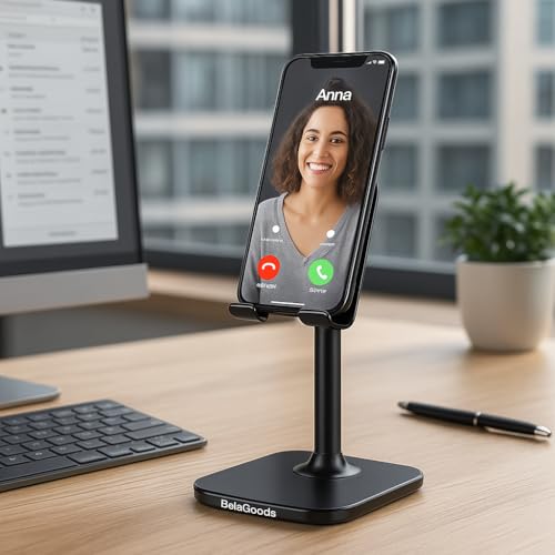 BelaGoods Cell Phone Stand & Tablet Stand – Height & Angle Adjustable Desk Holder with Weighted Base, Anti‑Slip Pads & Charging Slot, Fits 4"–12" iPhone/iPad/Android Devices (Black)